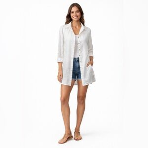 Tahari Essentials 100% Linen Lagenlook Classic White Button-Down Shirt Size S